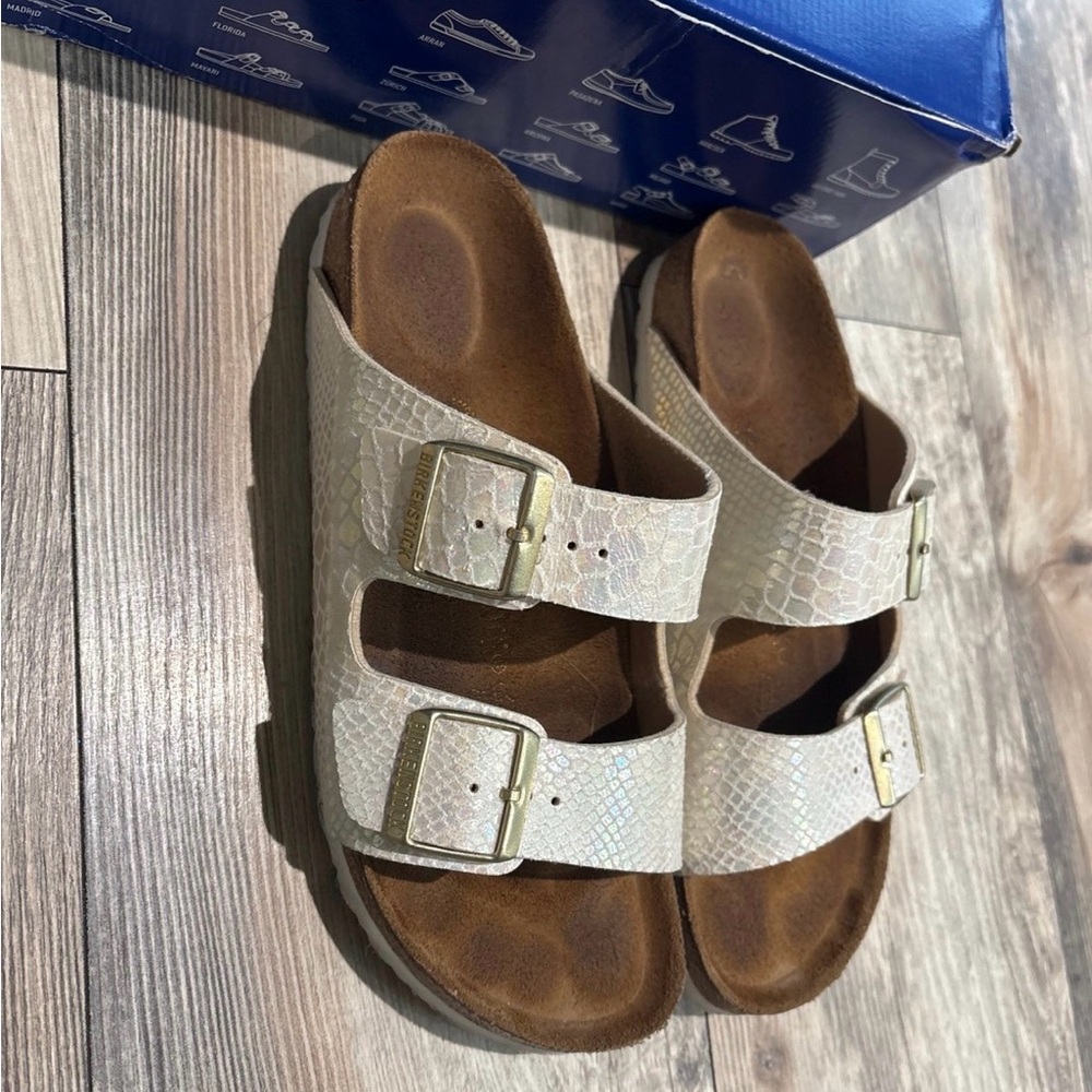 Birkenstock pearled snake skin